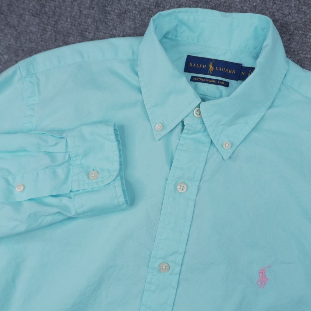 Ralph Lauren Button Down Shirt Mens M Teal Featherweight Twill Long Sleeve Pony